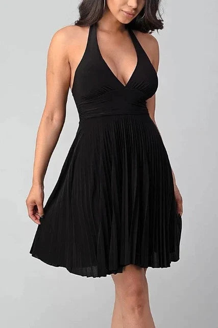 Monroe Halter Pleated Dress - Black