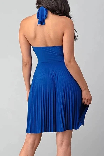 Monroe Halter Pleated Dress - Blue - Back View