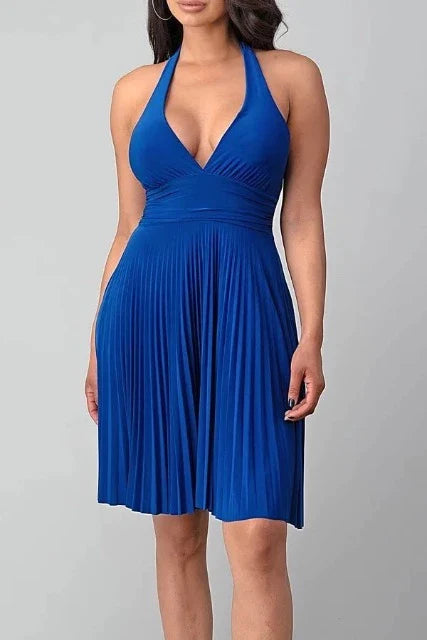 Monroe Halter Pleated Dress - Blue