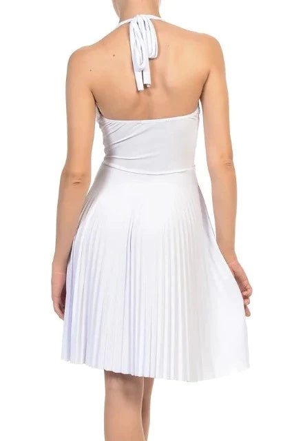 Monroe Halter Pleated Dress - White - Back View