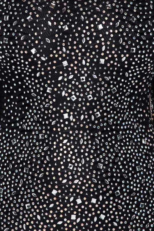 close up of Sparkling Net Fishnet Overlay Rhinestone Dress in Black Color 