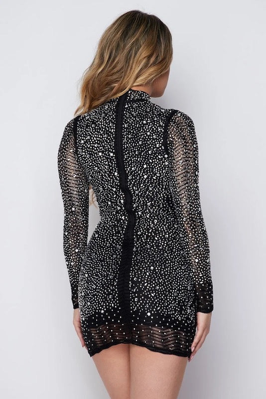 Backside of Sparkling Net Fishnet Overlay Rhinestone Dress in Black Color 