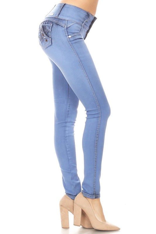 Side of Mia Jeans W/ Studded Back Pockets in Blue Color