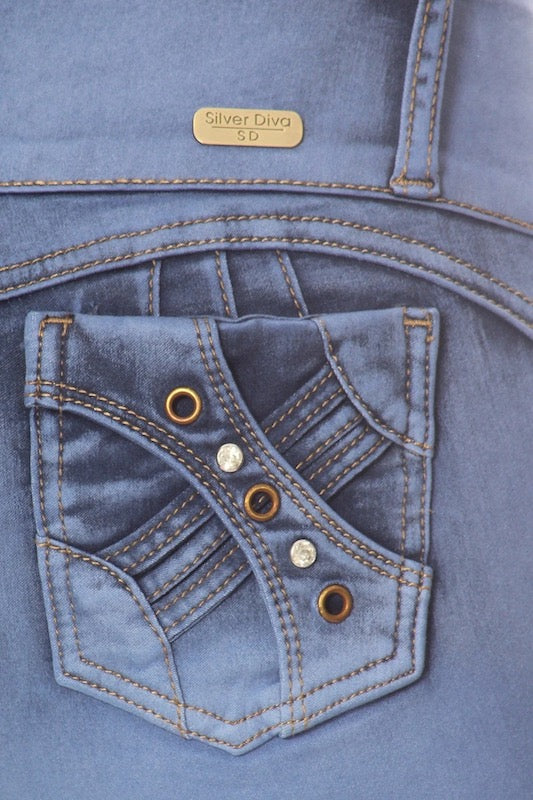 Close up of Mia Jeans W/ Studded Back Pockets in Blue Color