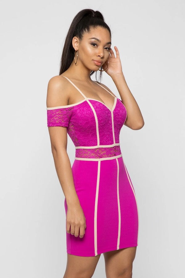 Piping Contrast Lace Off Shoulder Dress - Fuchsia