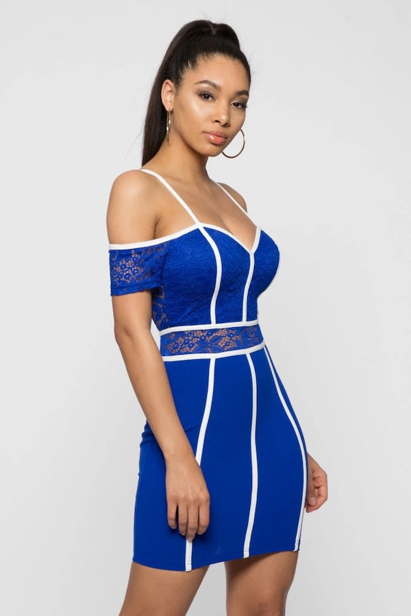 Piping Contrast Lace Off Shoulder Dress - Blue