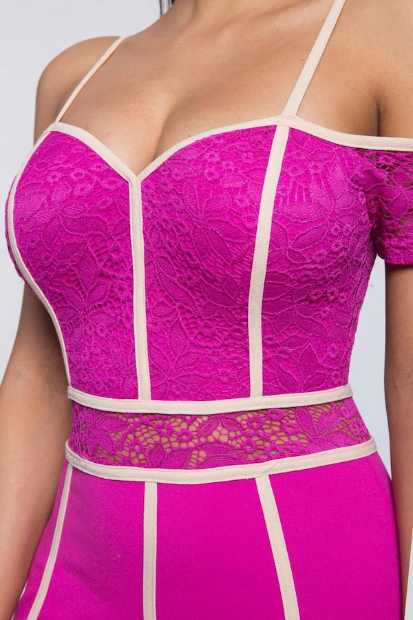 Piping Contrast Lace Off Shoulder Dress - Fuchsia - Close Up