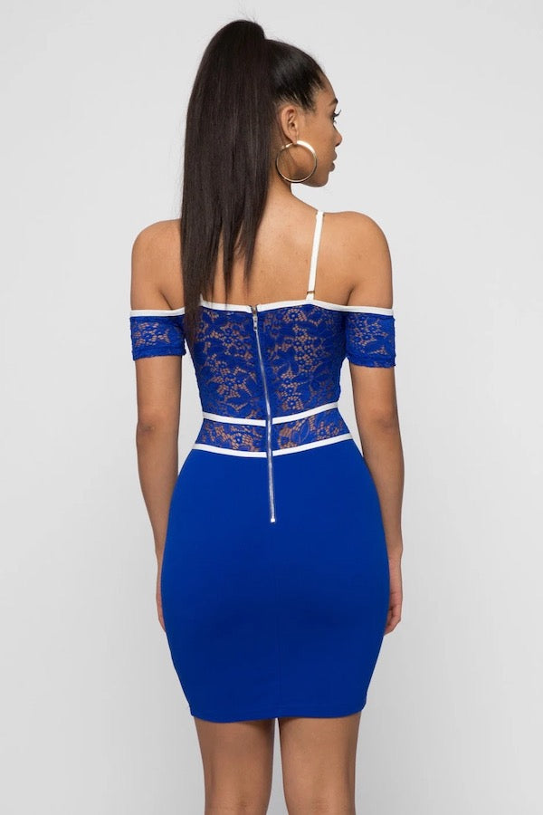 Piping Contrast Lace Off Shoulder Dress - Blue - Back View