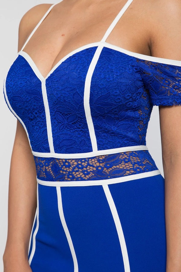 Piping Contrast Lace Off Shoulder Dress - Blue - Close Up