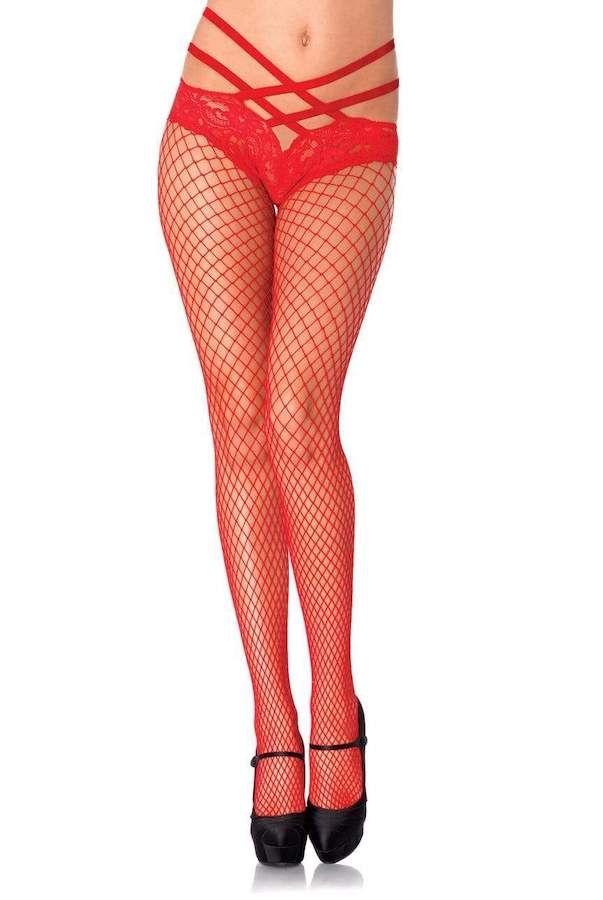 Cage Strap Panty Net Tights - Red