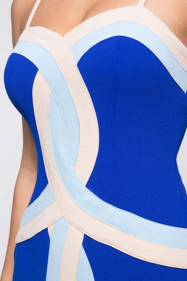 Close up of Infiniti Color Block Bodycon Dress in Blue Color