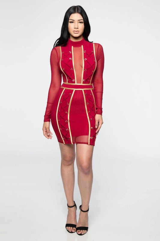Gold Binding Mock Neck Mesh W/ Lace Up Dress in Burgundy color