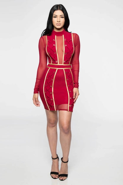 Gold Binding Mock Neck Mesh W/ Lace Up Dress in Burgundy color