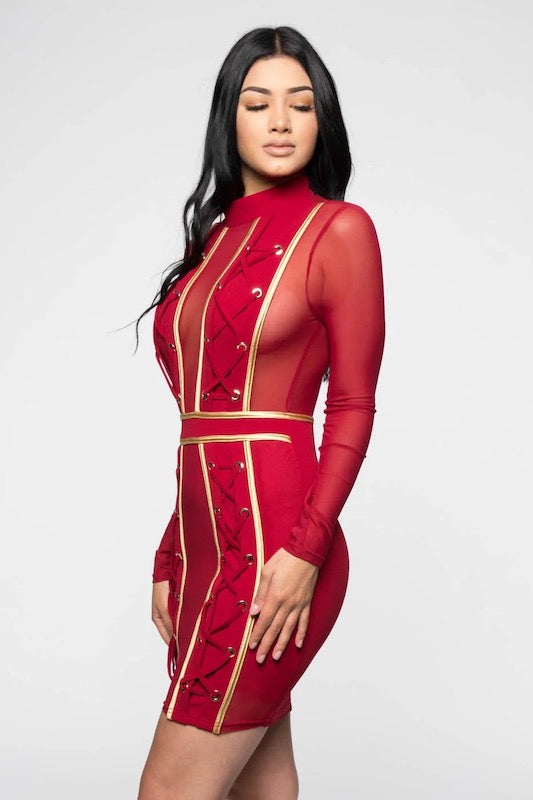 Gold Binding Mock Neck Mesh W/ Lace Up Dress in Burgundy color