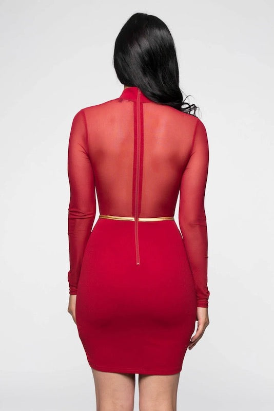 back of Gold Binding Mock Neck Mesh W/ Lace Up Dress in Burgundy color