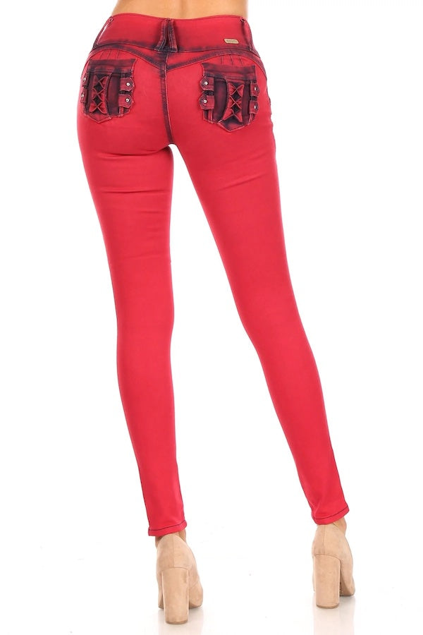 Back of Smoked High Waist Jeans W. Studded Back Pockets in Red
