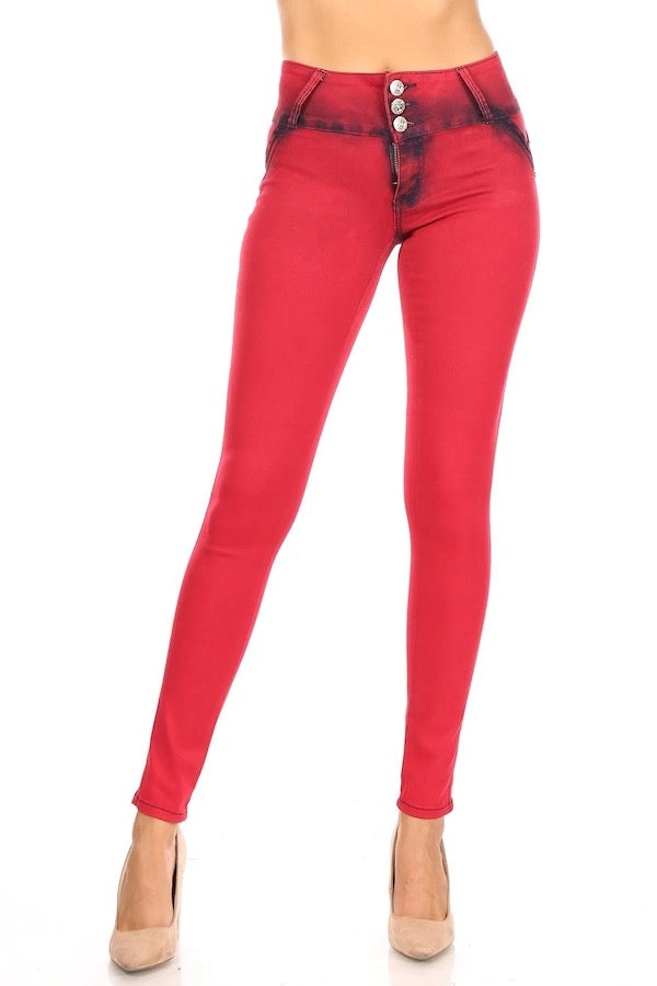 Smoked High Waist Jeans W. Studded Back Pockets in Red