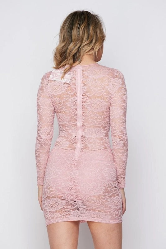 back of Lace Long Sleeve Dress W/ Panty Lining in pink color