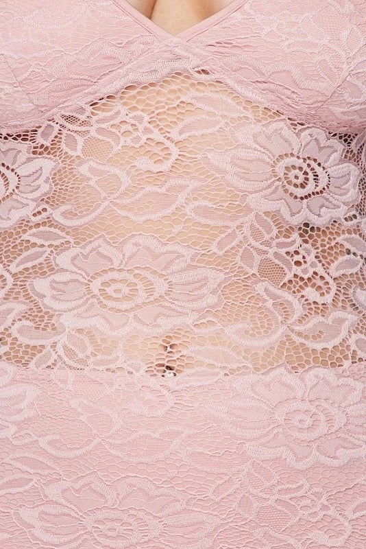 close up of Lace Long Sleeve Dress W/ Panty Lining in pink color