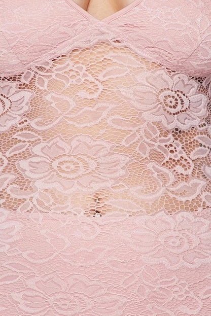 close up of Lace Long Sleeve Dress W/ Panty Lining in pink color