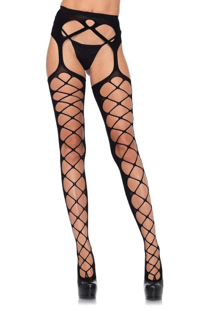 Diamond Net Opaque Stockings W/ Garterbelt