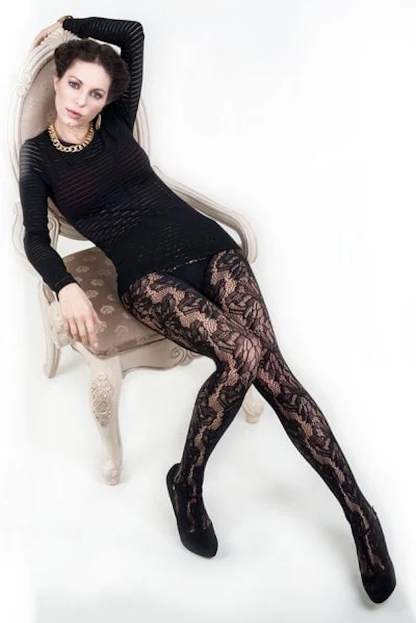 Illustrated Flora Fishnet Tights - Black