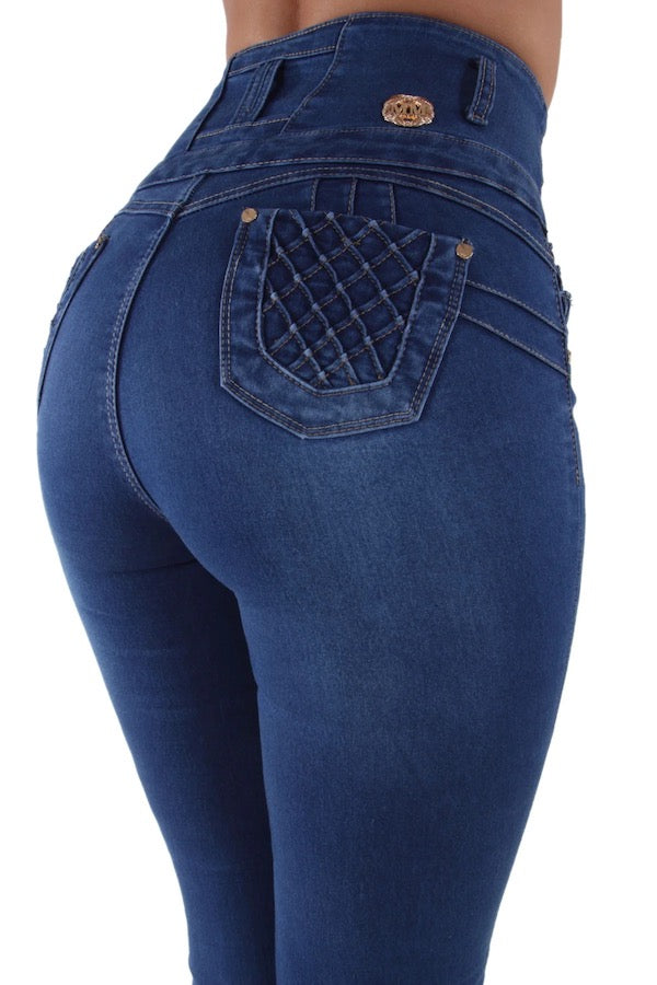 Back of Window High Rise Woven Design Jeans in Blue