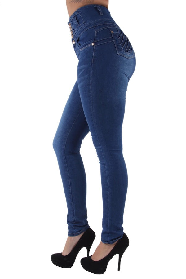 Side of Window High Rise Woven Design Jeans in Blue