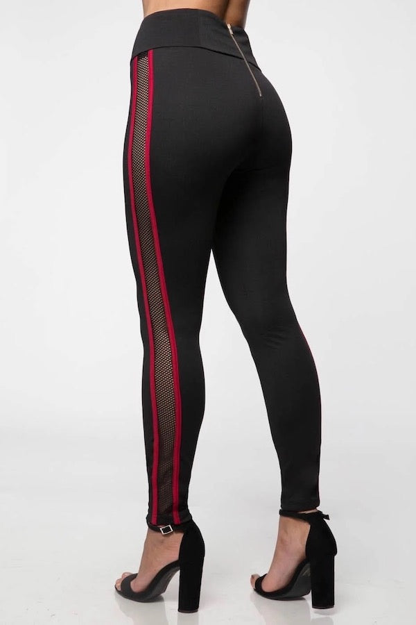 Net Side Panel Leggings W/ Lace up Corset Band - Black