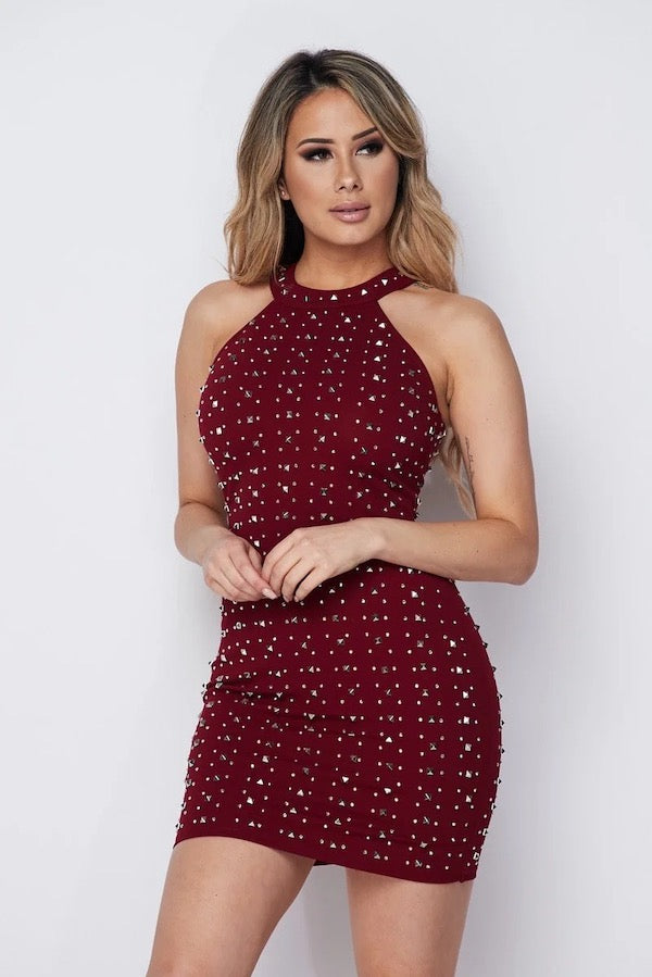 Choker Neck Rhinestones and Studs Dress - Burgundy