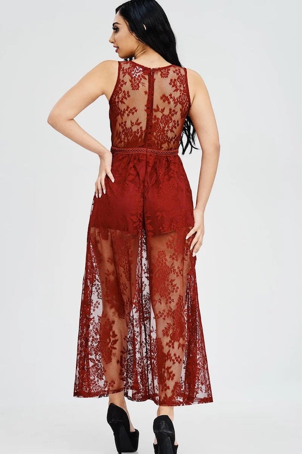 Sheer Lace Romper Maxi Dress - Burgundy - Back View