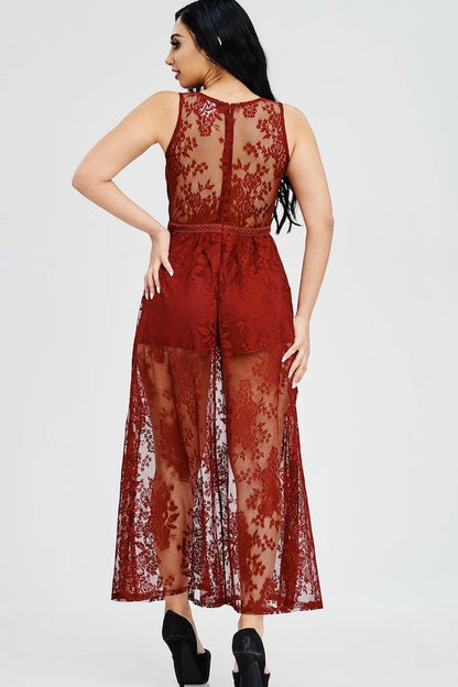 Sheer Lace Romper Maxi Dress - Burgundy - Back View