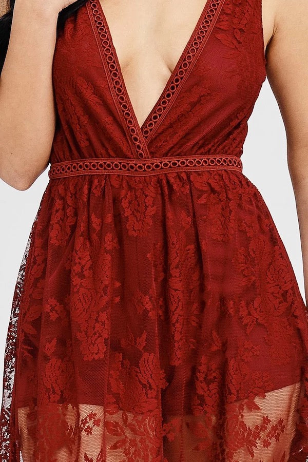 Sheer Lace Romper Maxi Dress - Burgundy - Close Up