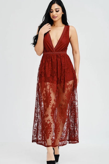 Sheer Lace Romper Maxi Dress - Burgundy