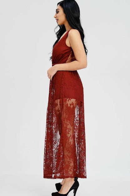 Sheer Lace Romper Maxi Dress - Burgundy