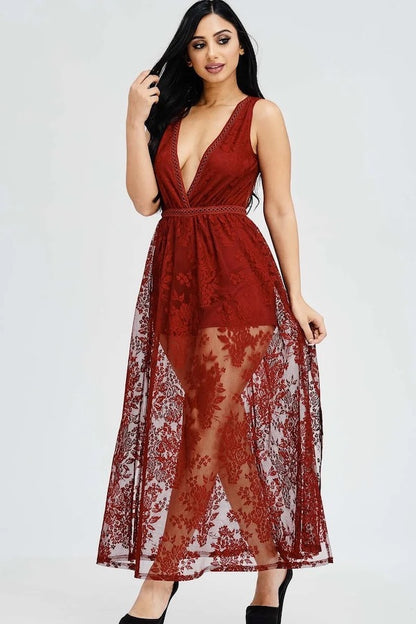 Sheer Lace Romper Maxi Dress - Burgundy