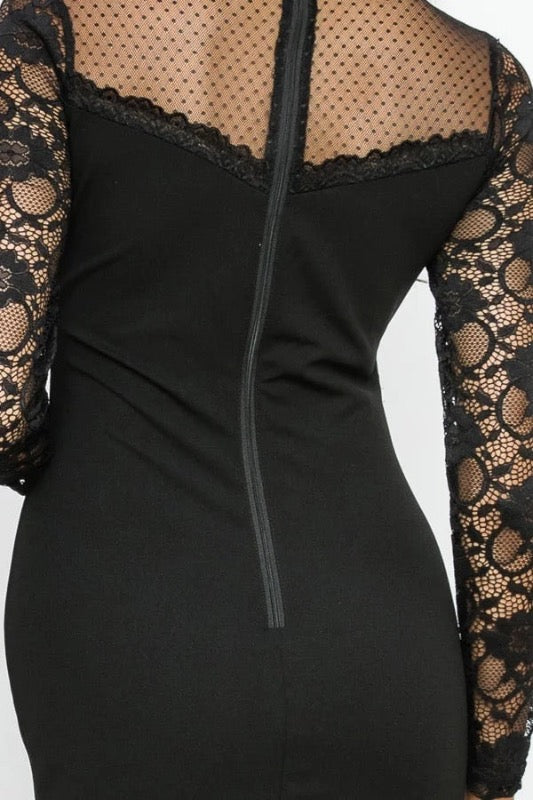 close up of Sheer Lace Combo Bodycon Dress in black