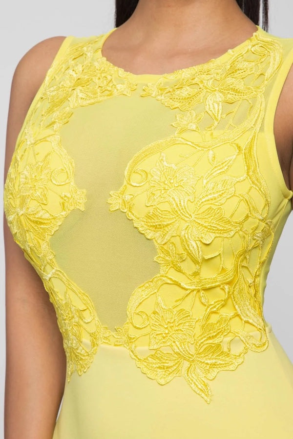 Venetian Lace Appliqué Dress - Yellow - Close Up