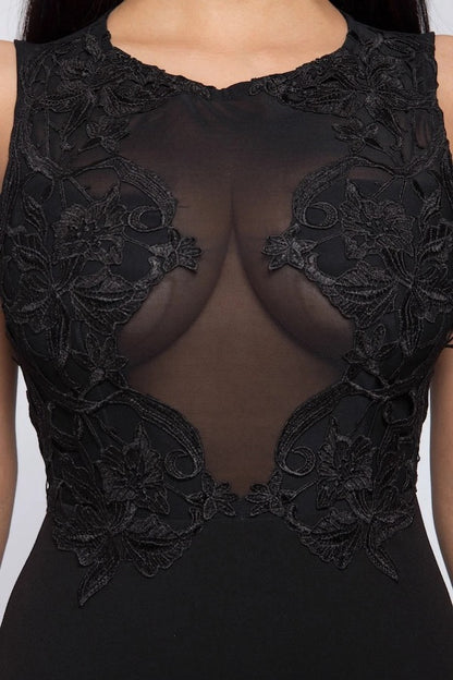 Venetian Lace Appliqué Dress - Black - Close Up