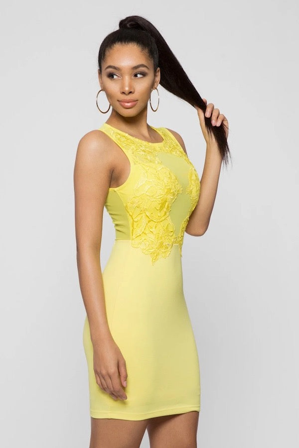 Venetian Lace Appliqué Dress - Yellow