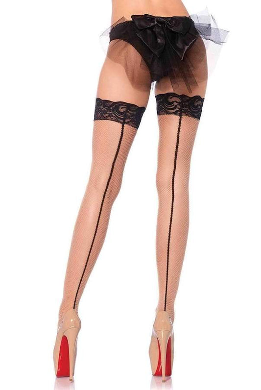 Stay Up Lace Top Backseam Fishnet Thigh Highs - Beige