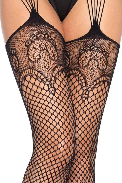 Stockings W/ Duchess Lace Top & Attached Multi Strand Garter Belt  - Black - closeup