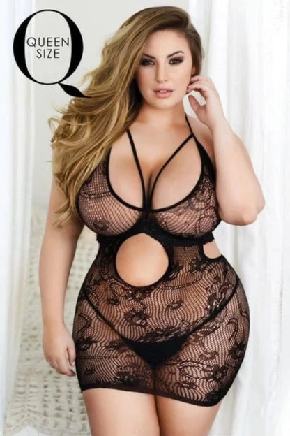 Floral Cross Back Open Hole Fishnet Dress on model plus size