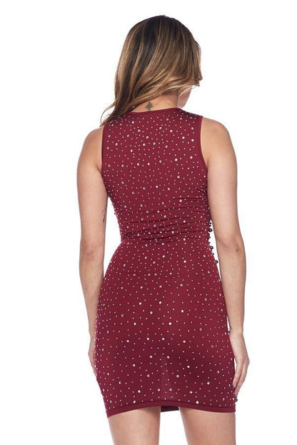 Back of Rhinestone & Pearl Embellished Sheath Dress in Burgundy Color
