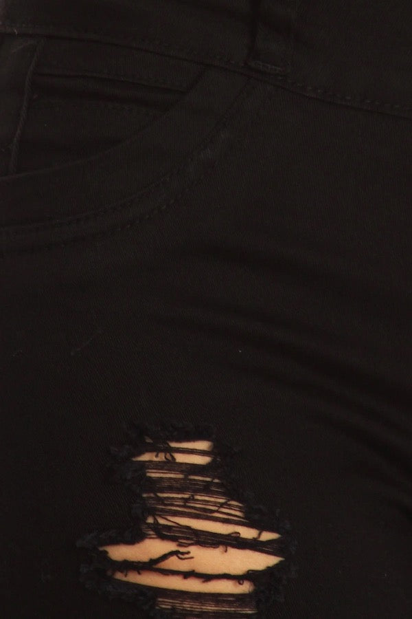 Close up of Distressed Jeans W/ Woven Pockets in Black 