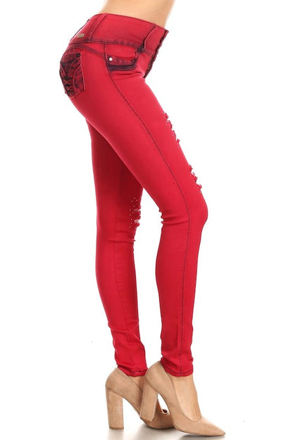 Side of Tuxedo Studded Distressed Jeans in Red