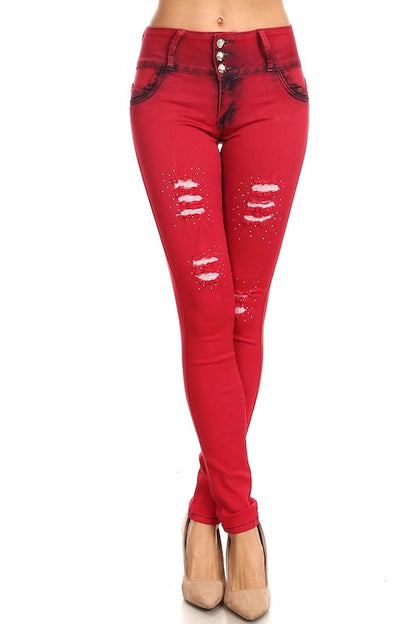 Tuxedo Studded Distressed Jeans in Red