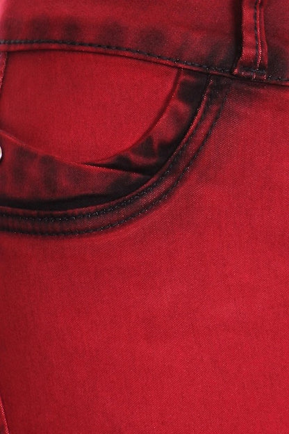 Close up of Tuxedo Studded Distressed Jeans in Red