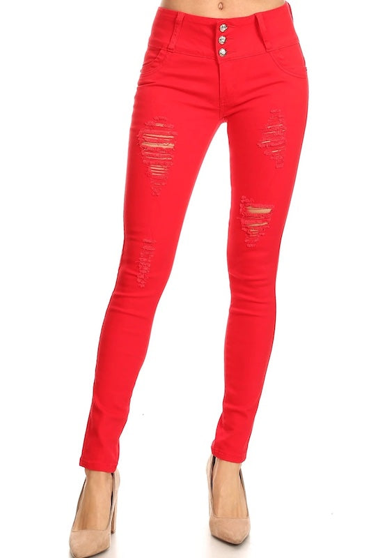 Valentina Distressed Jeans W/ Rhinestone Pockets in Red