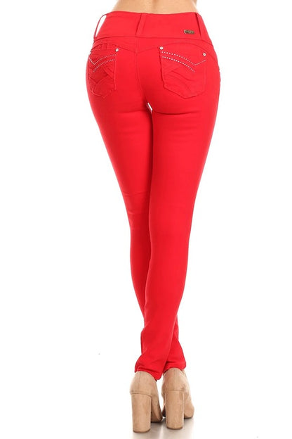 Back of Valentina Distressed Jeans W/ Rhinestone Pockets in Red